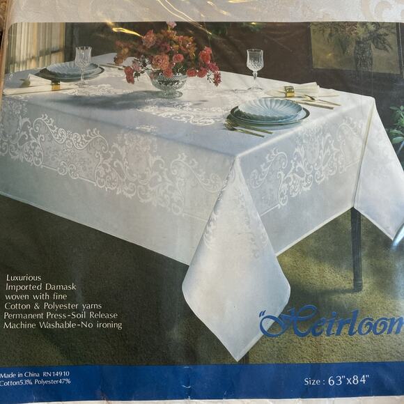 VTG Heirloom tablecloth Rectangle 63x84 White Damask New - Picture 1 of 7